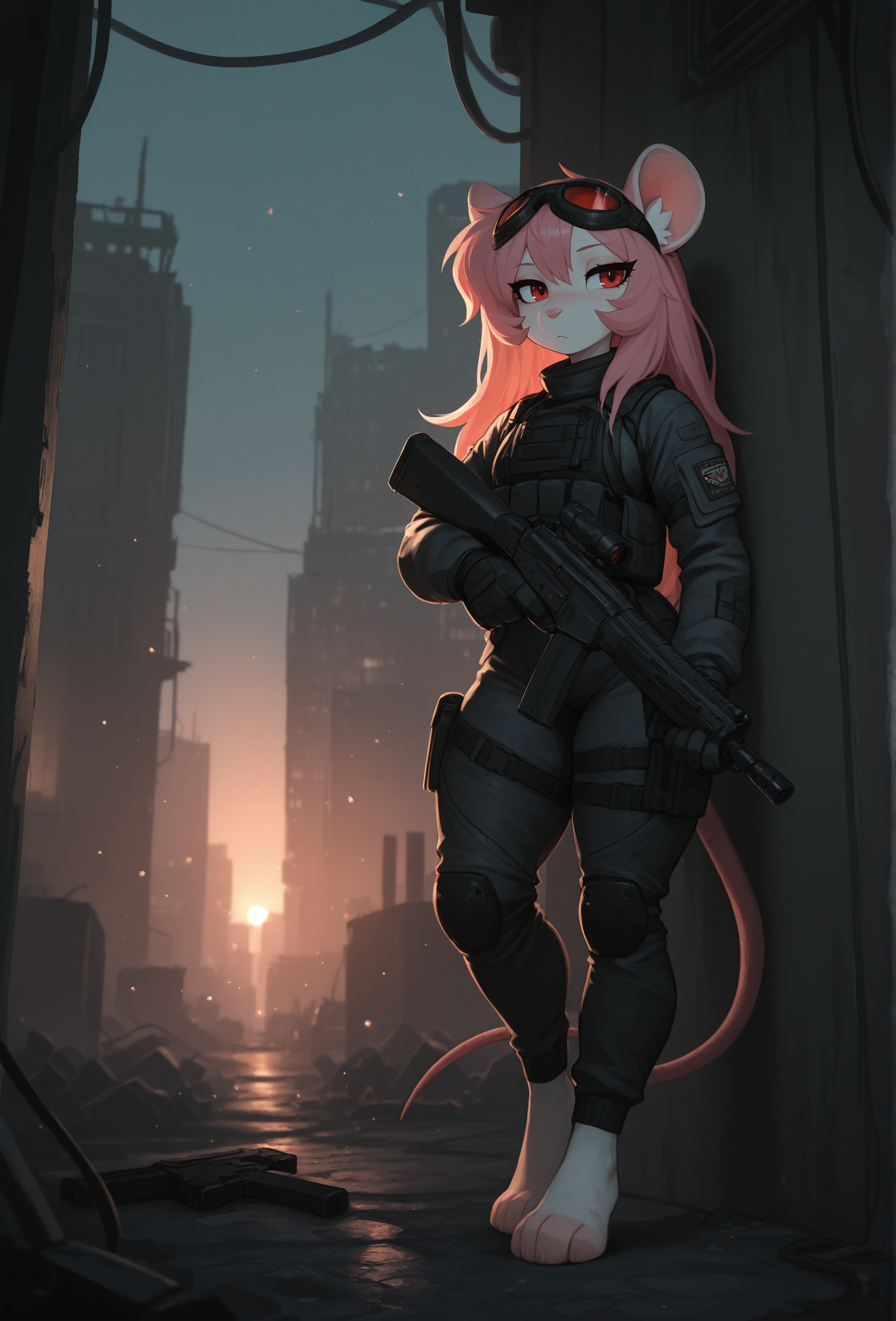masterpiece, best quality, very aesthetic, absurdres,  <lora:waspsalad_style_illustrious_v1.1f:0.85> wsaladstyle, furry, 1girl, solo, mouse girl, long hair, white fur, pink hair, red eyes,, BREAK
abandoned, city, tactical clothes, body suit, military uniform, mouse tail,goggles on head, holding gun, rifle, barefoot, science fiction, low lighting, dark, light particles,