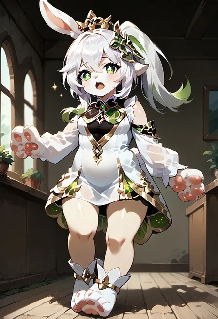 best resolution,score_9,score_8_up,score_7_up,score_6_up,score_8,score_7,score_6,best quality,masterpiece,source_anime,1girl,rabbit furry,rabbit anthro,perfectly round breasts,breast fur,1girl, long hair, solo, white hair, flower, dress, looking at viewer, blush, crown, long sleeves, hair ornament, full body, green eyes, sparkle, purple eyes, bangs, white dress, star (symbol),shiny clothes, indoors, covered navel, virtual youtuber, nahida, my nahida, genshin, skin tight,BREAK,,(transforming:1.2),( transformation:1.2), rabbit toy transformation, inflating, inflated arms,puffed paw,inflated paws, living inflatable, puffed arms,animate inanimate, featureless hands, featureless feet, featureless limbs, seams, continuous seams,living inflatable, animate inanimate, glistening, glistening body,puffed pawpads, puffed handpaws,stuffed paw,detailed eye,sweat,sweat drops on body,sweat drops on face,