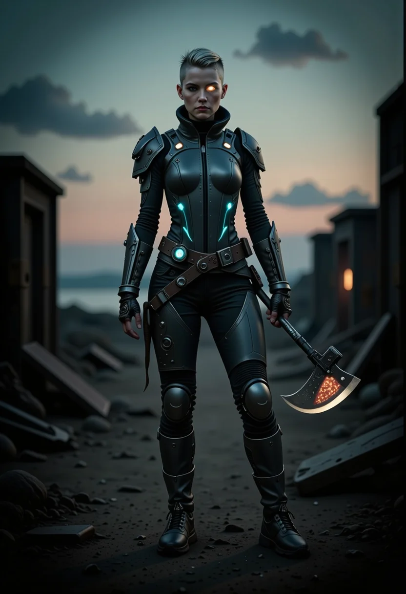 As the twilight's dim light casts an ethereal glow, a vikingpunk warrior stands proudly amidst the post-apocalyptic ruins, her advanced exosuit emitting bioluminescent electricity. Her undercut hair with shaved sides, framing her determined expression heterochromia eyes with one mechanical dimly lit eye and one natural eye, full of purpose. She wields a futuristic battleaxe, its edge shimmering with power, prepared for any trial. The desolate landscape, marked by rust and wear and heavy patina of her exosuit and weapon, becomes a stage for her resilience. The exosuit, covering her torso and legs, showcases a blend of ancient Viking culture and futuristic technology, leaving a lasting impression of strength and adaptability in this harsh, Nordic-inspired world. <lora:flux/aidmaImageUpgrader-FLUX-V0.2>, aidmaimageupgrader, <lora:Magic of Art 2 (FLUX)>, Cinematic style, Beauty, Realism, Photorealism, Chiaroscuro, High quality, <lora:flux/mjv6_lora flux.safetensors_converted>