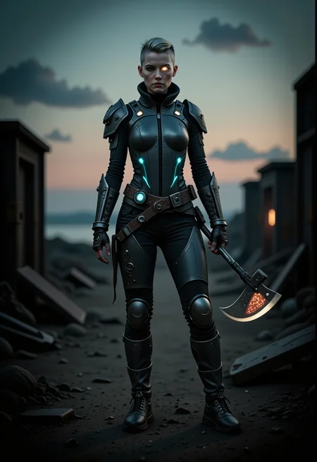 As the twilight's dim light casts an ethereal glow, a vikingpunk warrior stands proudly amidst the post-apocalyptic ruins, her advanced exosuit emitting bioluminescent electricity. Her undercut hair with shaved sides, framing her determined expression heterochromia eyes with one mechanical dimly lit eye and one natural eye, full of purpose. She wields a futuristic battleaxe, its edge shimmering with power, prepared for any trial. The desolate landscape, marked by rust and wear and heavy patina of her exosuit and weapon, becomes a stage for her resilience. The exosuit, covering her torso and legs, showcases a blend of ancient Viking culture and futuristic technology, leaving a lasting impression of strength and adaptability in this harsh, Nordic-inspired world. <lora:flux/aidmaImageUpgrader-FLUX-V0.2>, aidmaimageupgrader, <lora:Magic of Art 2 (FLUX)>, Cinematic style, Beauty, Realism, Photorealism, Chiaroscuro, High quality, <lora:flux/mjv6_lora flux.safetensors_converted>