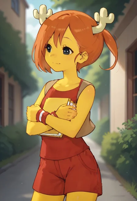 score_9,score_8_up,score_7_up, 1girl, alone, penny_human, yellow skin, glowing skin, yellow horns, black eyes, orange hair, red shirt, red shorts
