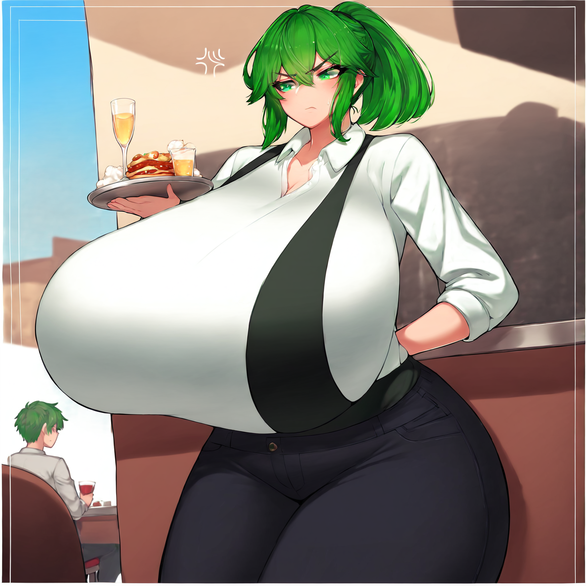 (masterpiece), best quality, (highly detailed), score_9, score_8_up, score_7_up, score_6_up, score_5_up, 1female, <lora:Cheap_MelonSoda_style:1>, waiter, pants, shirt, restaurant, ponytail, green hair, green eyes, gigantic breasts, annoyed expression,