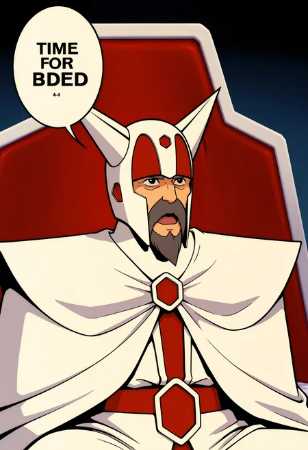 1boy, solo,
heika, facial hair, beard, horned helmet, black eyes, mustache, throne,  cowboy shot,  open mouth,sitting,
("time for bed":1.2),speech bubble, english text, text focus, flat color, retro artstyle, 
masterpiece,best quality,amazing quality,very aesthetic,absurdres,newest,
<lora:StS-Illustrious-Detail-Slider-v1.0:1.5>,<lora:reduce_wrinkles_illstriouosv0.1_ADDifT_2_in_1_v1.2:0.8>, <lora:99coins_heika_IL_v3_10:1>