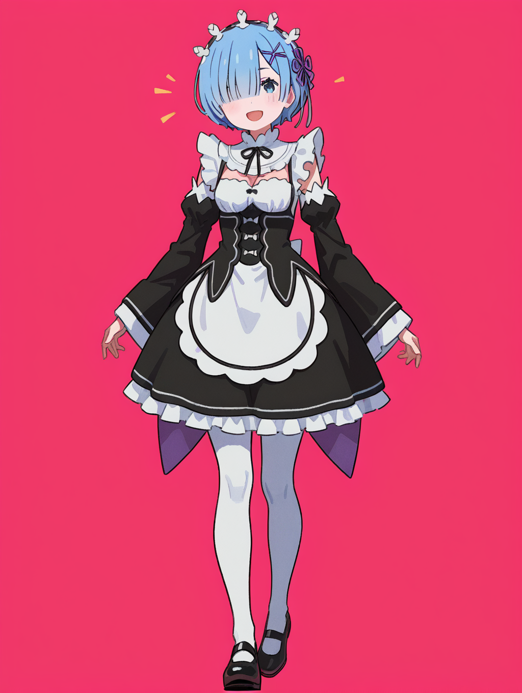 perfect quality,high quality,masterpiece,best quality,amazing quality,very aesthetic,absurdres,newest,
front view,full_shot,;d,
REMCYQL,1girl,solo,short hair,blue hair,bangs,hair over one eye,ribbon,hair ribbon,purple ribbon,hair ornament,x hair ornament,maid headdress,blue eyes,neck ribbon,roswaal mansion maid uniform,maid,cleavage,underbust,black ribbon,long sleeves,detached sleeves,apron,white apron,waist apron,skirt,black skirt,frilled skirt,pantyhose,white pantyhose,frills,shoes,mary janes,black footwear,
full body,standing,flat_chest_grab,,
magenta background,simple background,
<lora:spo_sdxl_10ep_4k-data_lora_webui:0.7>,<lora:MinimalistFlatColorXL_byKonan:0.5>,<lora:96YOTTEA-WAI:0.8>,,<lora:REM_Illustrious by Cyql:1>,