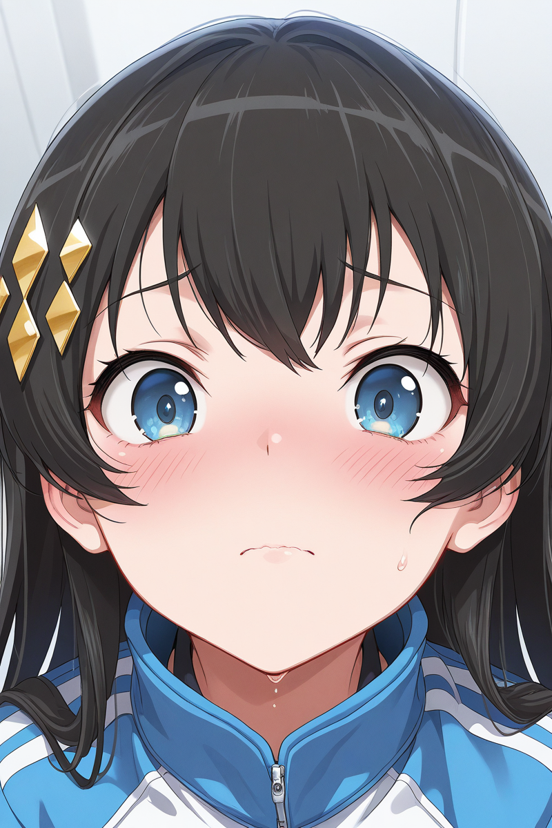 masterpiece, best quality, amazing quality,
 <lora:Hikari_IL:1> hikari, 1girl, blue eyes, long hair, black hair, solo, jacket, hair ornament, blush, close-up