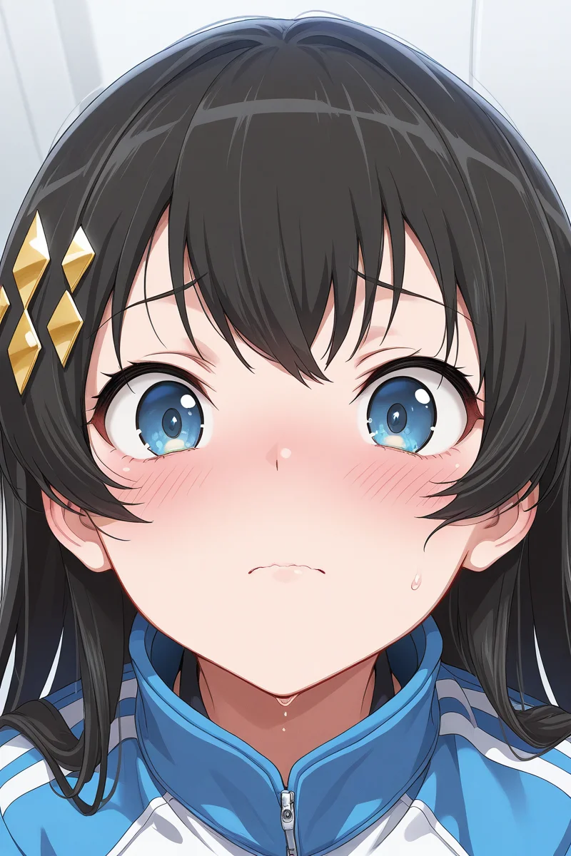 masterpiece, best quality, amazing quality,
 <lora:Hikari_IL:1> hikari, 1girl, blue eyes, long hair, black hair, solo, jacket, hair ornament, blush, close-up