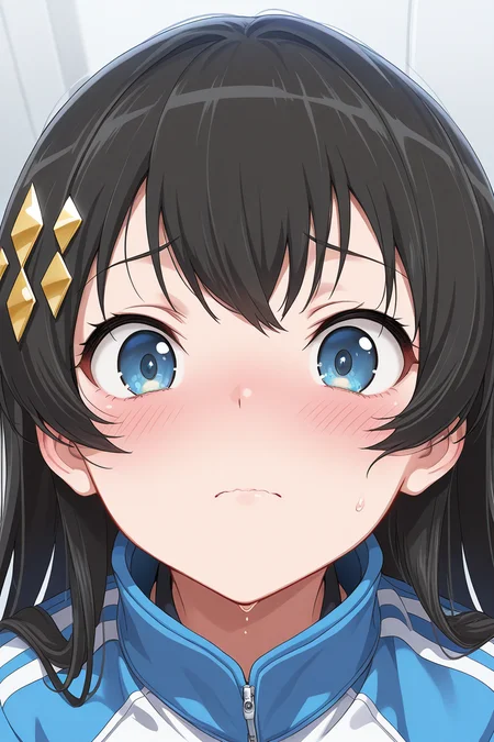 masterpiece, best quality, amazing quality,
 <lora:Hikari_IL:1> hikari, 1girl, blue eyes, long hair, black hair, solo, jacket, hair ornament, blush, close-up