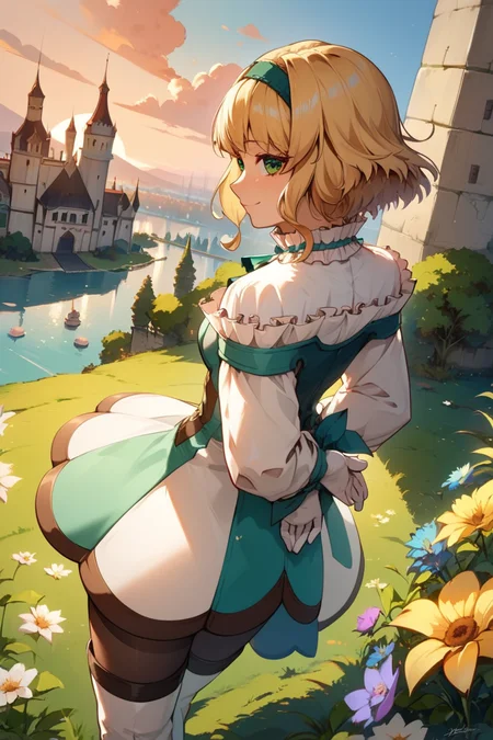 score_9, score_8_up, score_7_up, very aesthetic, source_anime, detailed, high quality, beautiful, masterpiece, detailed eyes,
<lora:lightXL:0.8>
castle, village, blurry background, cityscape, lake, (sunset)
<lora:action-sdxl-V0.5:1>zdyna_pose
from behind, dynamic angle,
light smile, blush, hands behind back, looking back, looking at viewer,
<lora:natalia_autismConfetti_v02:0.99>
natalia \(tales\), blonde hair, short hair, green eyes, bangs, hairband,
dress, frills, white thigh boots, pantyhose, frilled collar, white gloves, wrist bow,, zPDXL