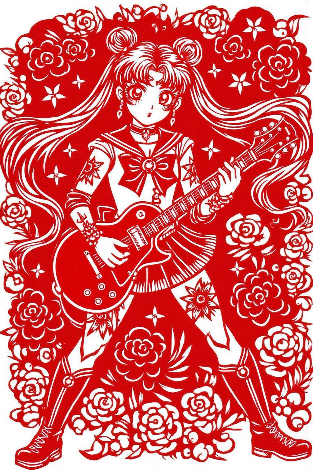papercut art.
 punk sailor moon playing a guitar at a heavy metal mosh pit, tattoos, piercing. <lora:papercut1_cap_d6a3e12:1.0><lora:823248418068643569:0>