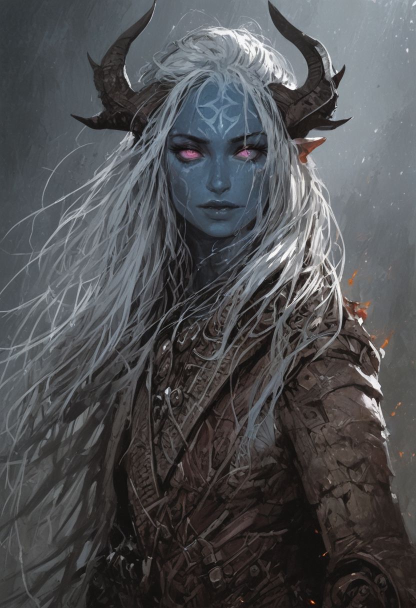 score_9, score_8_up, score_7_up, BREAK,
(hyper-Realistic lighting and textures), unreal engine 5, 1girl, portrait, beautiful, tiefling shaman, white hair, (long hair:1.3), side bangs, horns, barbarian, gladiator, war paint, tribal markings, long tail, blue skin, pink eyes, glowing eyes, (smug:0.85), (big breast:0.25), dramatic lights
<lora:Fant5yP0ny:0.6> <lora:fantasy_world_pony:0.9> <lora:Cherry-Gig:0.55>