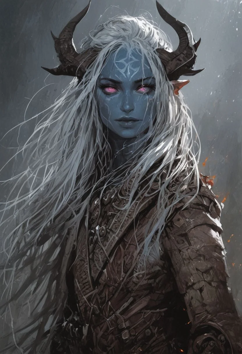 score_9, score_8_up, score_7_up, BREAK,
(hyper-Realistic lighting and textures), unreal engine 5, 1girl, portrait, beautiful, tiefling shaman, white hair, (long hair:1.3), side bangs, horns, barbarian, gladiator, war paint, tribal markings, long tail, blue skin, pink eyes, glowing eyes, (smug:0.85), (big breast:0.25), dramatic lights
<lora:Fant5yP0ny:0.6> <lora:fantasy_world_pony:0.9> <lora:Cherry-Gig:0.55>