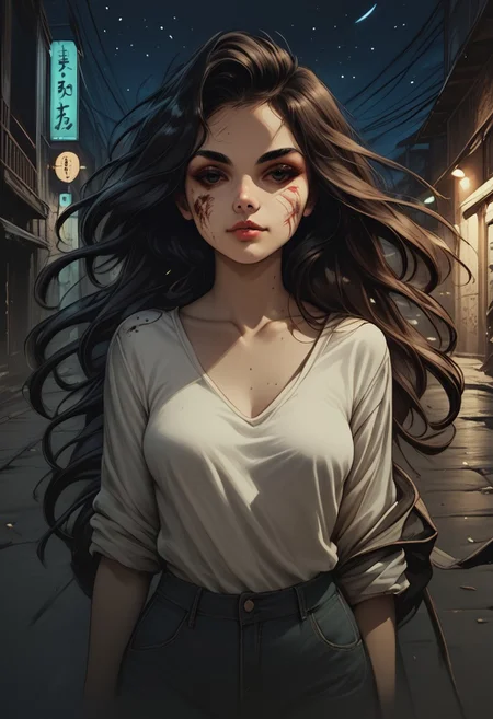 score_9, score_8_up, score_7_up, score_6_up, 1girl, solo, medium breasts, long hair, attractive, symmetrical face, soft structured facial features, (bruises and scratches:0.8), night, alleyway, dark, (egyptian:0.6), (brazilian:0.6), from above
