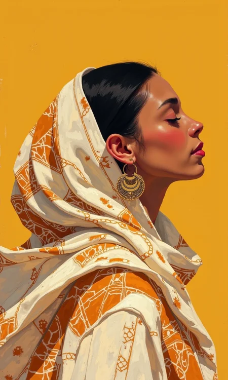 Close-up of a stylized illustration. 
A woman, likely a representation of a Middle Eastern or North African woman, is centered in the image. She's wearing a flowing, patterned garment that resembles a traditional head covering or shawl.  The shawl's color palette is a mix of creamy beige, gold-orange, and deep burnt orange/terracotta, the patterns are geometric with a tribal or decorative look. 
The woman's face is presented in a stylized manner. Her skin tone is a warm brown, with rosy blush on her cheeks. Her eyes are closed, and her expression is serene. Her dark hair is pulled back and smooth, and she wears a large, gold-toned circular earring. 
The background is a soft, mustard-yellow color, which complements the warm tones of the woman's attire. The style is reminiscent of an artistic painting or poster. The overall effect is one of quiet beauty and cultural representation.
 <lora:FLUX-daubrez-DB4RZ-v2:1> DB4RZ, DB4RZ style painting