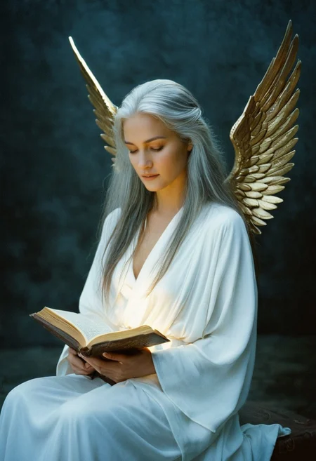 cinematic, a photograph of <lora:Kodak Portra 400 analog film stock style v2:1>Capture a (realistic photoshoot:1.5) of a (beautiful girl:1.4) embodying an elegant angel, adorned in (flowing white robes:1.3) with a soft halo above her head. She lies on her side, with (golden wings:1.2) resting gently behind her. In her hands, she cradles a (delicate bouquet of flowers:1.3) and an (ancient book:1.4), symbolizing (knowledge:1.2) and (beauty:1.2). Her (silver hair:1.5) cascades down her shoulders, and her expression is (peaceful:1.3) and (contemplative:1.2). Behind her, (faint heavenly light:1.4) streams down, casting soft shadows across the scene, with a dark background that contrasts with the (glowing light:1.5) of the angel, highlighting her grace and the serene atmosphere.
