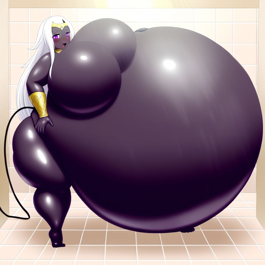 belly size bigger than main body)), (gigantic belly:2.0), goddess, shower, bathroom, cute, nervous, shy, heavy breathing, in heat, open mouth, aroused, hands on belly, hose leading into butt from air pump on ground, huge Belly press on mirror, shirtMega, poseMega, 1girl, colored skin, black skin, circlet, facial mark, white hair, long hair, white hair, circlet, purple pelvis curtain, gold belt, neck ring, bracer, large breasts, purple eyes, no mouth, hand on hip, hand up, thick thighs, <lora:queentyranime-40:1>, queentyr, golden bra