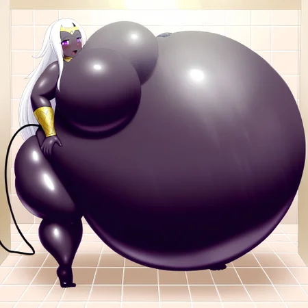 belly size bigger than main body)), (gigantic belly:2.0), goddess, shower, bathroom, cute, nervous, shy, heavy breathing, in heat, open mouth, aroused, hands on belly, hose leading into butt from air pump on ground, huge Belly press on mirror, shirtMega, poseMega, 1girl, colored skin, black skin, circlet, facial mark, white hair, long hair, white hair, circlet, purple pelvis curtain, gold belt, neck ring, bracer, large breasts, purple eyes, no mouth, hand on hip, hand up, thick thighs, <lora:queentyranime-40:1>, queentyr, golden bra