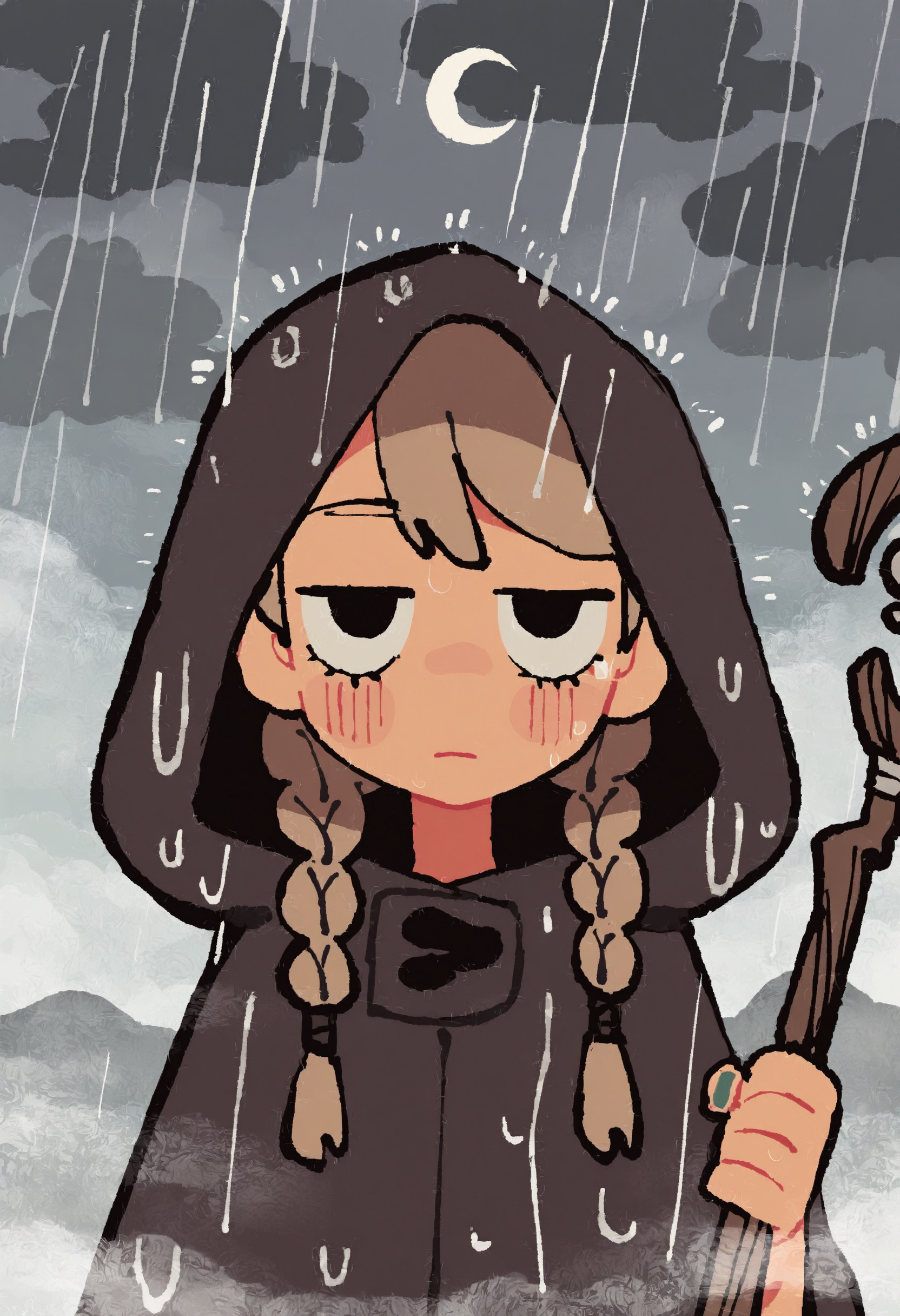 wwafr, masterpiece, best quality, amazing quality, very aesthetic, high resolution, very awa,
1girl, face focus, twin braids, jitome, cloud, crescent moon, fog, holding mage staff, rain, hood up, cloak, [(realistic:0.5)::0.2],
, <lora:NOOB_EPSv1_1_detailer_by_vlnvk_v1_0:1>
, <lora:spo_sdxl_10ep_4k-data_lora_webui:.5>
,    <lora:wwafr-10:1>