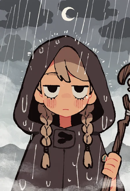 wwafr, masterpiece, best quality, amazing quality, very aesthetic, high resolution, very awa,
1girl, face focus, twin braids, jitome, cloud, crescent moon, fog, holding mage staff, rain, hood up, cloak, [(realistic:0.5)::0.2],
, <lora:NOOB_EPSv1_1_detailer_by_vlnvk_v1_0:1>
, <lora:spo_sdxl_10ep_4k-data_lora_webui:.5>
,    <lora:wwafr-10:1>