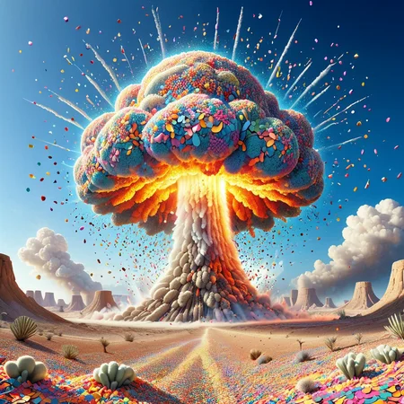 conf3tti, nuclear mushroom cloud made of confetti, explosion, light, vibrant, smoke, desert landscape <lora:Confetti_World_Morph:1>