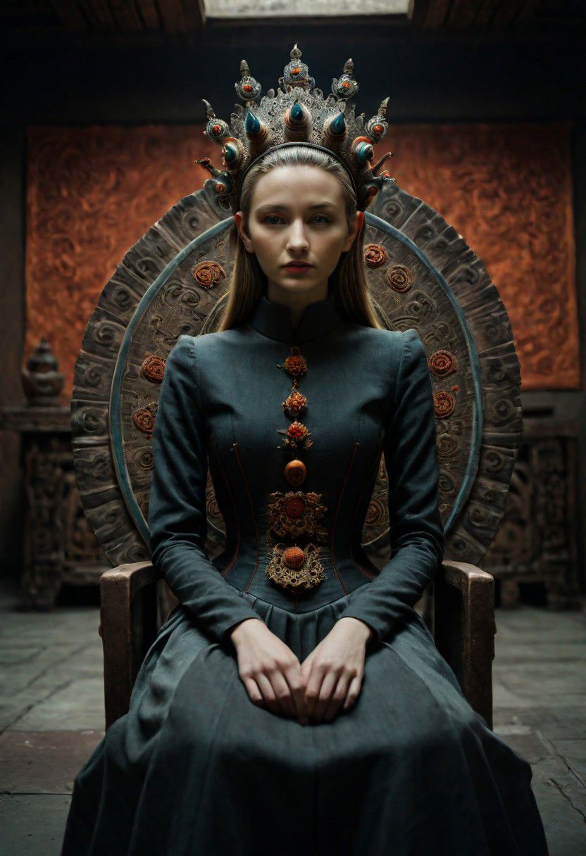 Portrait professional color grading, portrait_futurism, full shot cinematic film still by David Lynch of a pretty cute young irish short woman android sitting on a design chair in a dark brutalist living-room, buddhistic gesture, slim waist, round hips, split skirt, corset, hat, Avant-garde Fashion page, intricately detailed, depth of field, dim light, rim light, dramatic backlighting, Buddhist Thangka