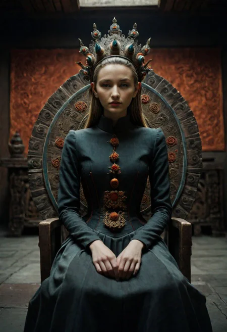Portrait professional color grading, portrait_futurism, full shot cinematic film still by David Lynch of a pretty cute young irish short woman android sitting on a design chair in a dark brutalist living-room, buddhistic gesture, slim waist, round hips, split skirt, corset, hat, Avant-garde Fashion page, intricately detailed, depth of field, dim light, rim light, dramatic backlighting, Buddhist Thangka