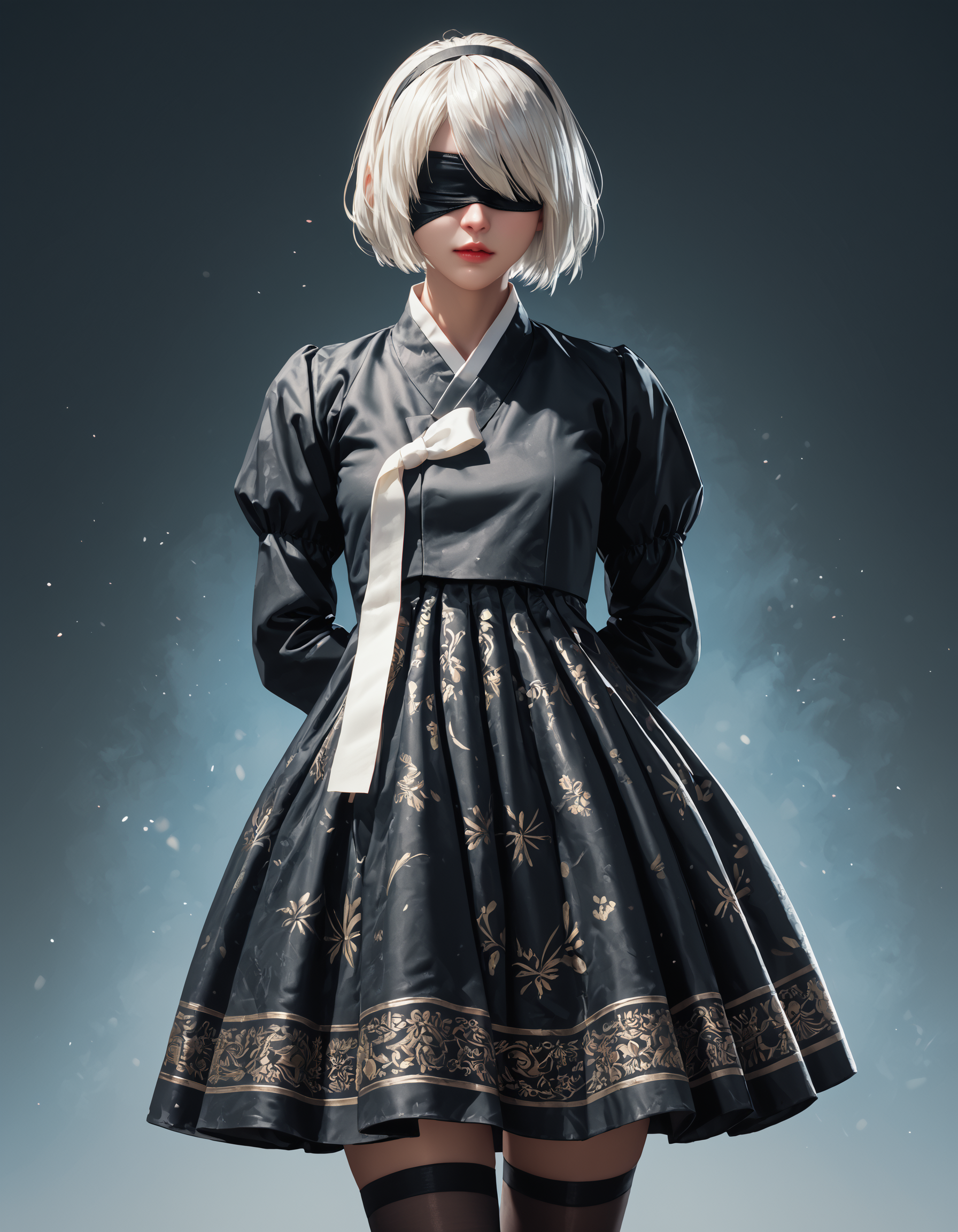 score_9, score_8_up, score_7_up, score_6_up, score_9, score_8_up, score_7_up, score_6_up, anime, black hanbok, white ribbon, black skirt, patterned skirt, black thigh highs, thick thighs, 2b, nier automata, blindfold, white hair, very clear image, detailed face, detailed character design, ultra-high resolution, perfectly composed, clear, breathtaking attention to detail, highres, ultra detail, 8k wallpaper,