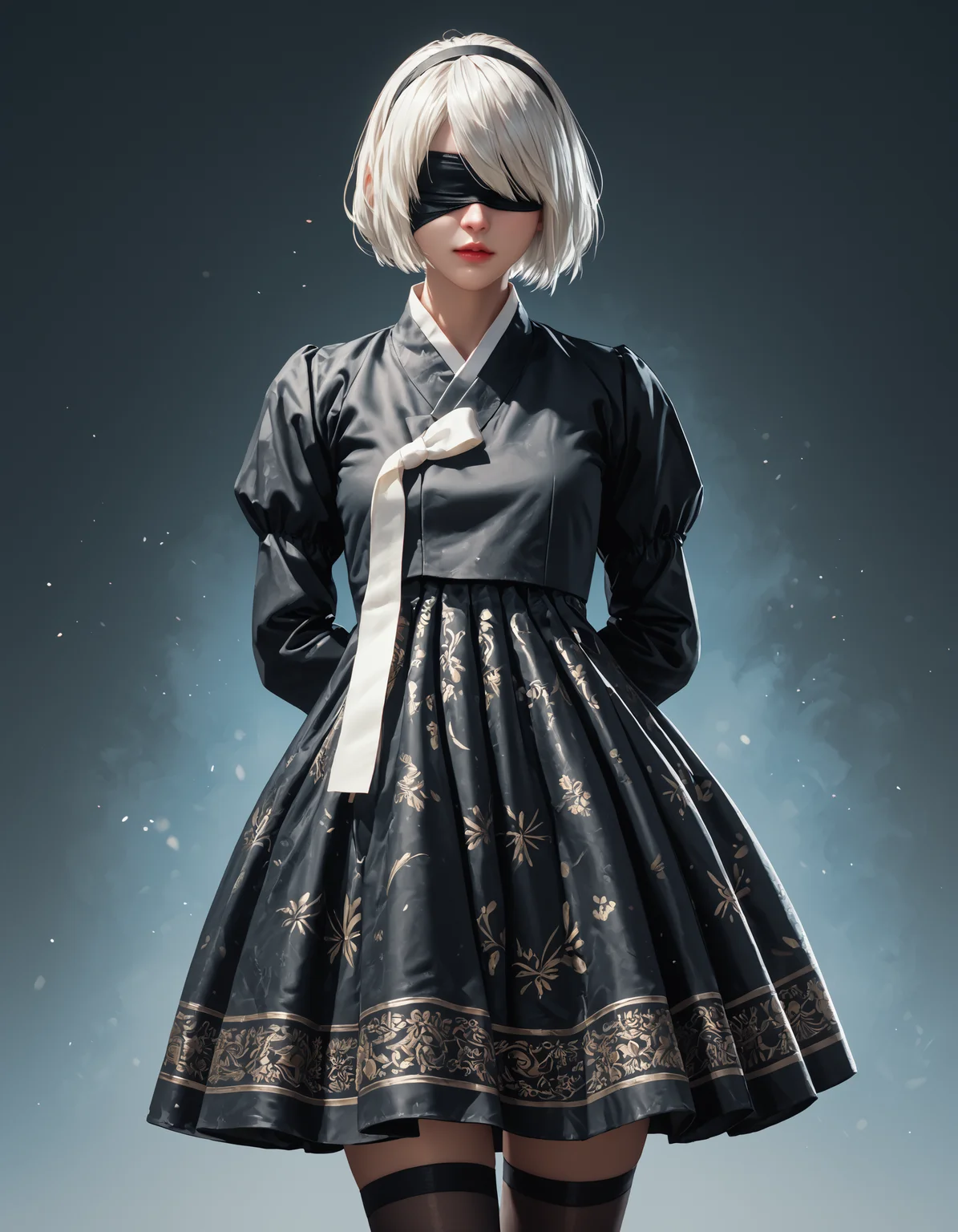 score_9, score_8_up, score_7_up, score_6_up, score_9, score_8_up, score_7_up, score_6_up, anime, black hanbok, white ribbon, black skirt, patterned skirt, black thigh highs, thick thighs, 2b, nier automata, blindfold, white hair, very clear image, detailed face, detailed character design, ultra-high resolution, perfectly composed, clear, breathtaking attention to detail, highres, ultra detail, 8k wallpaper,