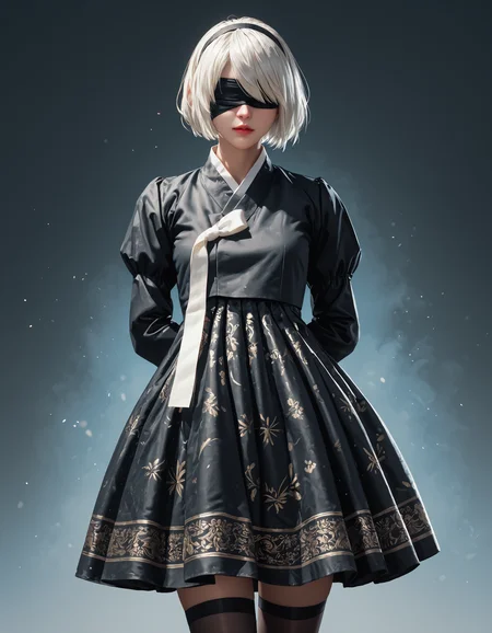 score_9, score_8_up, score_7_up, score_6_up, score_9, score_8_up, score_7_up, score_6_up, anime, black hanbok, white ribbon, black skirt, patterned skirt, black thigh highs, thick thighs, 2b, nier automata, blindfold, white hair, very clear image, detailed face, detailed character design, ultra-high resolution, perfectly composed, clear, breathtaking attention to detail, highres, ultra detail, 8k wallpaper,