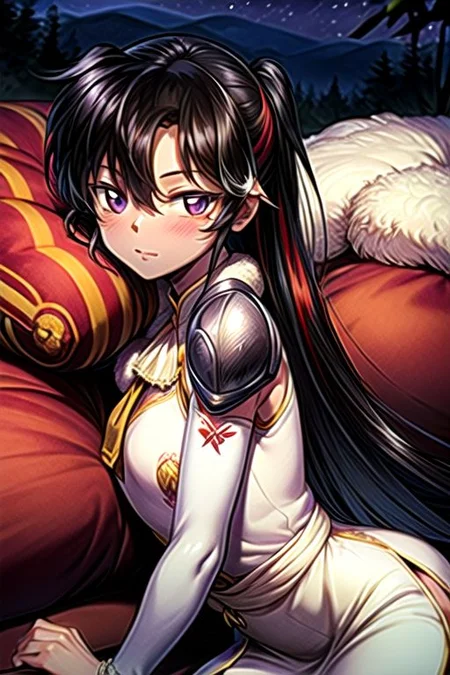 best quality 1girl Setsun4 solo long hair, (night time) forest background black hair very long hair purple eyes multicolored hair armor, small, (fur trim) (medium body),<lora:EMS-179-EMS:0.800000>,<lora:EMS-293862-EMS:0.800000> bow, hair_bow, hair_tubes, red_bow, brown_hair, long_hair, bangs, ascot, frilled_bow, yellow_ascot, blush, smile, hair_between_eyes, athletic, armor, miko, ,(((intricate outfit,intricate clothes,embroidered outfit,ornate outfit,embroidered clothes,ornate clothes))), laying down, lying down