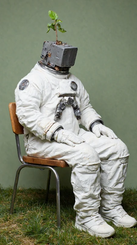 artwork featuring a surreal and abstract depiction of a person. The person is depicted as a headless, torso-less figure wearing a bulky, oversized, and slightly worn-out space suit. The space suit is predominantly white with grey accents, and it has several pockets and zippers, suggesting functionality and utility. The figure is seated on a simple wooden chair with a brown cushioned seat and metal legs. The chair is positioned on a patch of grass, which appears to be overgrown and slightly unkempt, with some areas of the grass appearing yellowish and dry.
The most striking element of the image is the head, which is replaced by a rectangular, box-like structure with a small plant growing out of it. The plant has a few leaves and a green stem, suggesting a sense of life and growth amidst the surreal setting. The background is a muted, washed-out green, adding to the overall dreamlike and otherworldly atmosphere of the image. The texture of the space suit appears rough and textured, adding to the realism of the figure, while the grass and background have a slightly grainy texture, enhancing the overall surreal and abstract feel of the artwork.,aidmaimageupgrader, aidmaMJ6.1 <lora:aidmaMJ6.1-FLUX-v0.5:0.7> <lora:aidmaImageUprader-FLUX-v0.3:0.4>