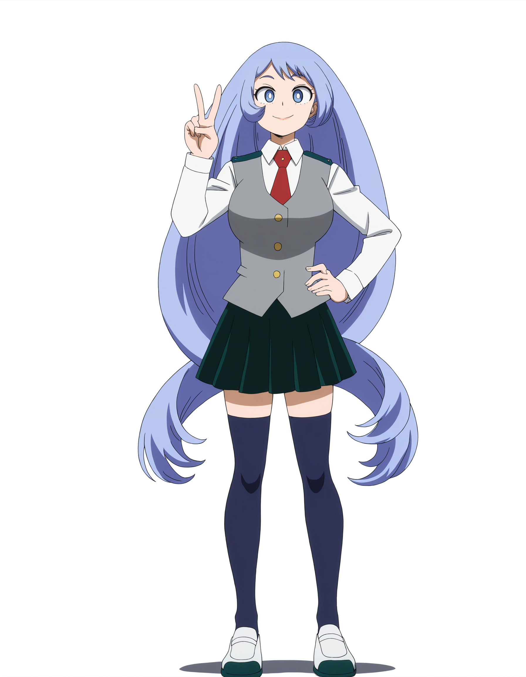 solo, full body, perfect composition, shadows, shading, <lora:anime_screencap-Illustrious:0.65> anime screencap, anime coloring, very aesthetic, absurdres, zPDXL, <lora:Pony_DetailV2.0:0.5> <lora:illustrious_quality_modifiers_masterpieces_v1:1>
<lora:NejireH:1> n3g1r3, 1girl, long hair, female focus, looking at viewer, smile, defined lips, standing, posing, hand on hip, peace sign, 
s_uniform, collared shirt, red necktie, grey vest, dark_green skirt, thighhighs, shoes,
white background, simple background,