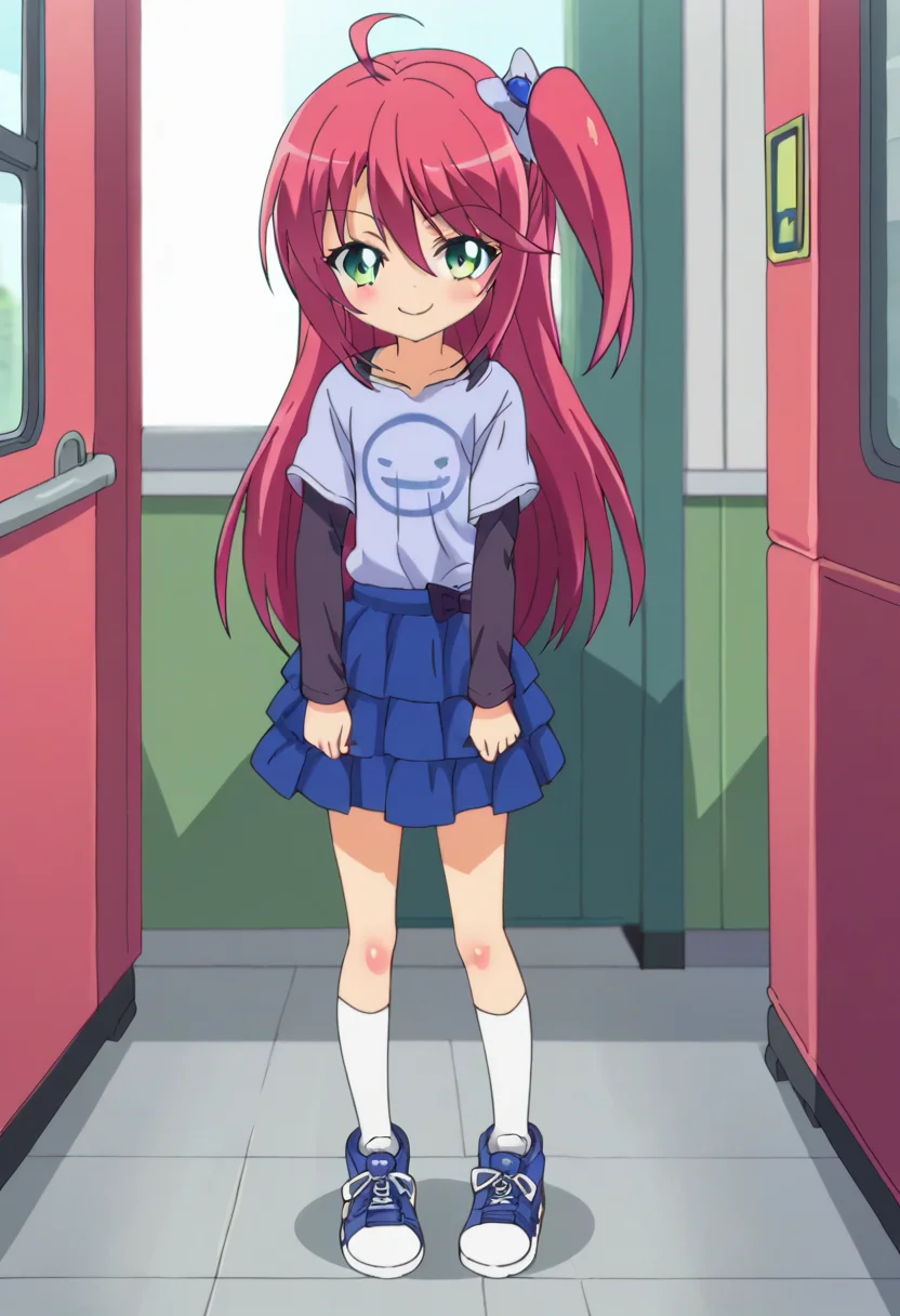 score_9, score_8_up, score_7_up, score_6_up, score_5_up, score_4_up , anime coloring ,BREAK source_anime, anime,screencap,
1girl, solo, douraku, blush, t-shirt, layered sleeves. blue skirt, shoes, white socks, shoes, <lora:PonyXL Douraku V3:1>
indoors, school, smile, standing,
