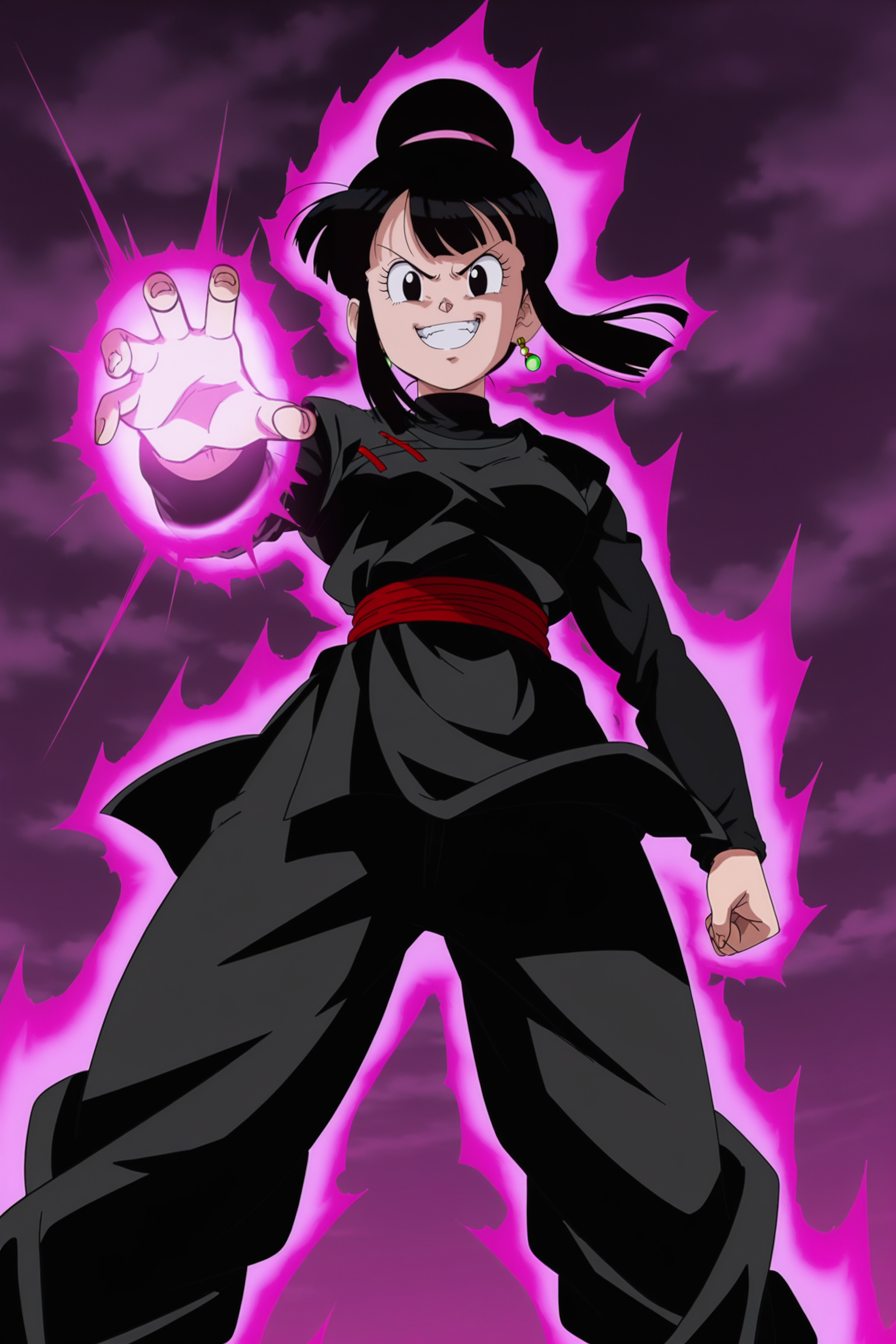 anime screencap, absurdres, high quality, official style,
chi-chi black, official style, hair bun, 1girl, solo, black hair, bangs, sidelocks, black eyes, eyelashes, open mouth, smile, potara earrings, dougi, black topwear, black undershirt, long sleeves, turtleneck, red sash, black pants, looking at viewer, from below, wind lift, arm by side, v-shaped eyebrows, cloudy sky, teeth, breasts, hand focus, dark aura, powering up, pink hue, evil grin, 
 <lora:Chi_Chi_IL:0.8>