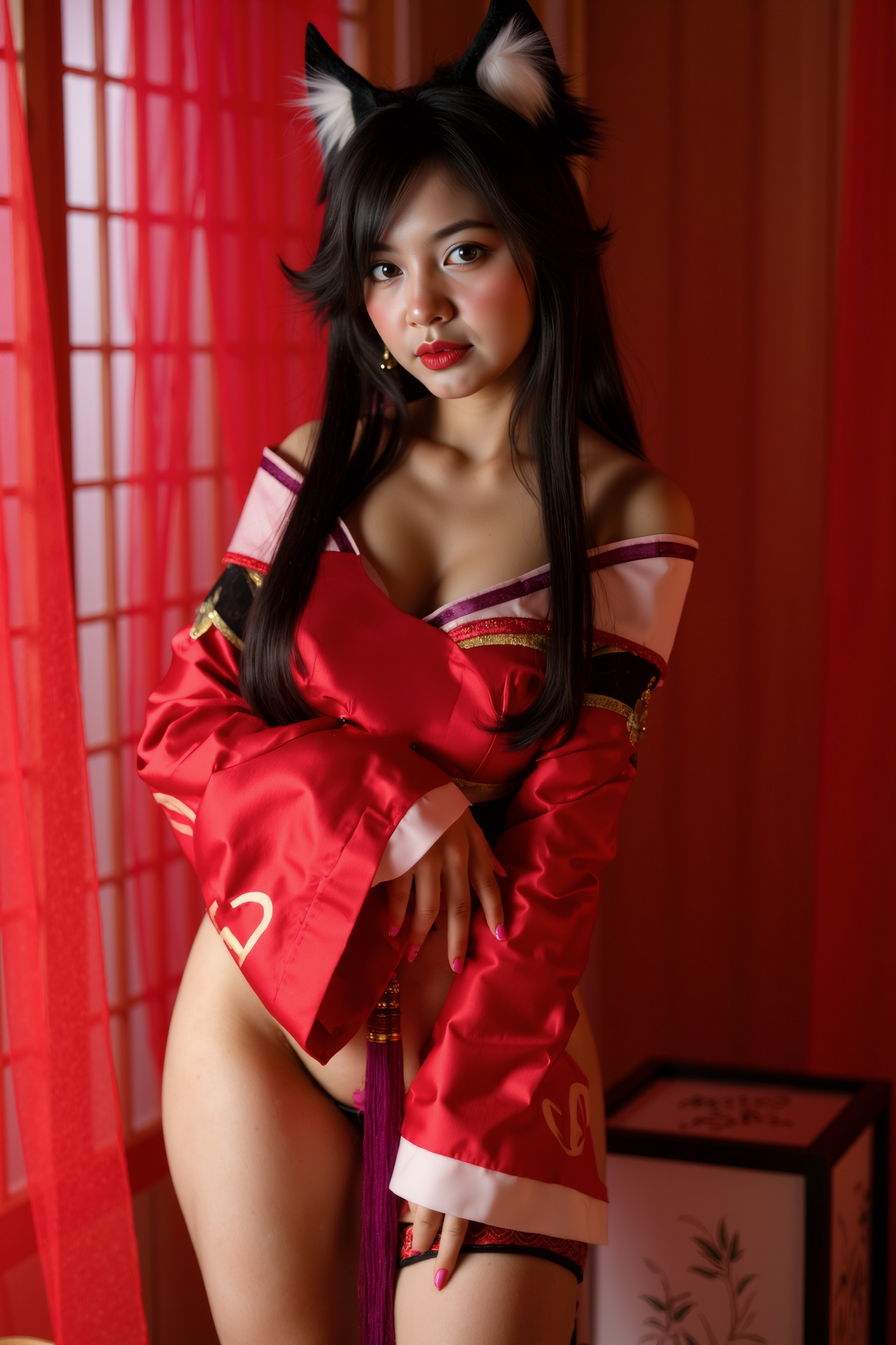 A professional, high-resolution image of a young woman is posed in a standing contrapposto stance, with subtle weight shifted to one leg to create a natural S-curve in the body silhouette. This classic posing technique creates visual interest and a sense of elegance.

She is wearing a red SGWN70Clothing with ears. Her makeup is dramatic, with dark eyeliner and bold, glossy pink lips. 

The lighting features a high-contrast, monochromatic white color scheme that creates a moody, intimate atmosphere. 

The photography technique uses what appears to be soft lighting to create a glamorous effect, with careful attention to highlighting contours while maintaining the dominant light brown color scheme throughout the frame.

The overall aesthetic combines elements of fashion photography, traditional Asian visual motifs, and contemporary boudoir styling. The dramatic light brown lighting creates a cohesive visual theme that ties all elements of the composition together.

The white light emit on her to show her feature.