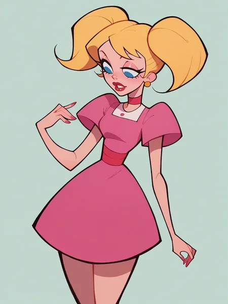 score_9, score_8_up, score_7_up, score_6_up, score_5_up, <lora:dexterslabXLP:1> dexters lab, 1girl, blonde hair, twintails, pink dress,