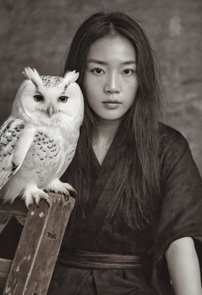 closeup portrait of a female freckled 4ng3l face feudal ninja  with long hair, dressed in a black Hanfu, sits casually on a wide-legged wooden stool. One arm is extended, and a majestic white owl with outstretched wings perches gracefully on it. The photo should be in black and white, emphasizing the contrast and elegance of the scene. monochrome