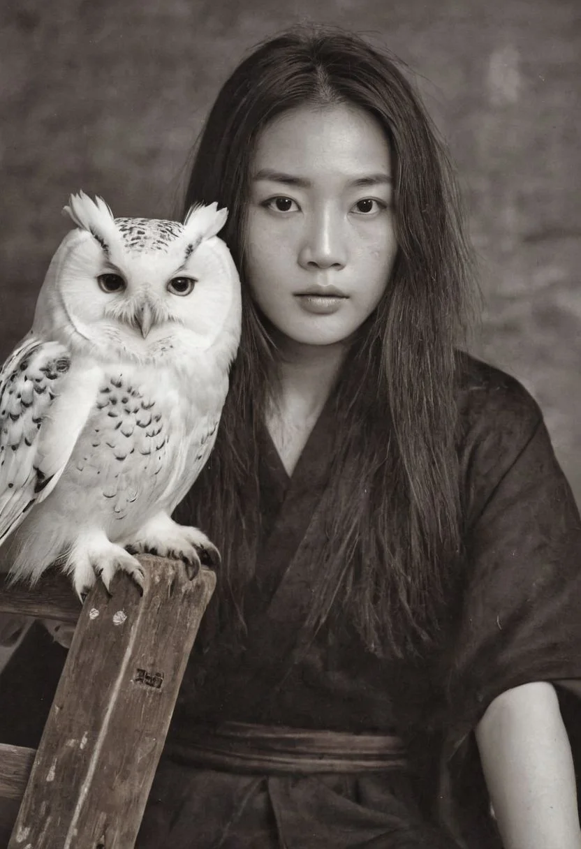 closeup portrait of a female freckled 4ng3l face feudal ninja with long hair, dressed in a black Hanfu, sits casually on a wide-legged wooden stool. One arm is extended, and a majestic white owl with outstretched wings perches gracefully on it. The photo should be in black and white, emphasizing the contrast and elegance of the scene. monochrome