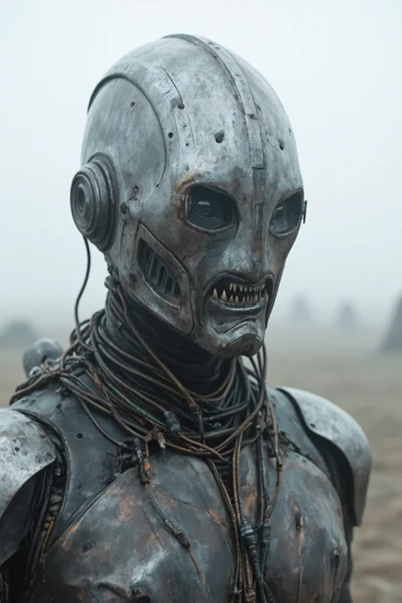 A humanoid figure with a metallic helmet that has rectangular eye openings and a mouth made of sharp teeth. The helmet is adorned with various cables and wires wrapped around its neck and shoulders. The background is misty and appears to be a barren landscape with some structures in the distance.