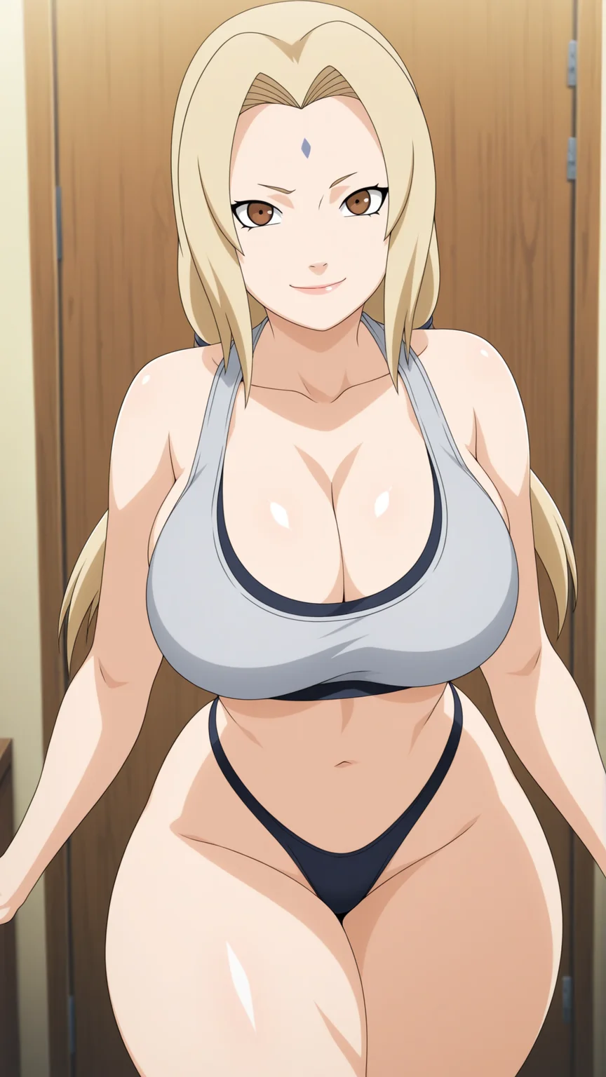 anime coloring, official style, highres, anime screenshot, dramatic lighting, intricate details, masterpiece, best quality, absurdres, depth, Tsunade_XL, facial mark, mature female, short eyebrows, forehead mark, 1girl, solo, long hair, breasts, large breasts, cleavage, collarbone, looking at the viewer, solo, breasts, large breasts, sports bra, thight sports thong, huge hips, curvy hips, sharp, ((thick thighs)), perfect lips, smile <lora:Tsunade_XL-14:0.9>