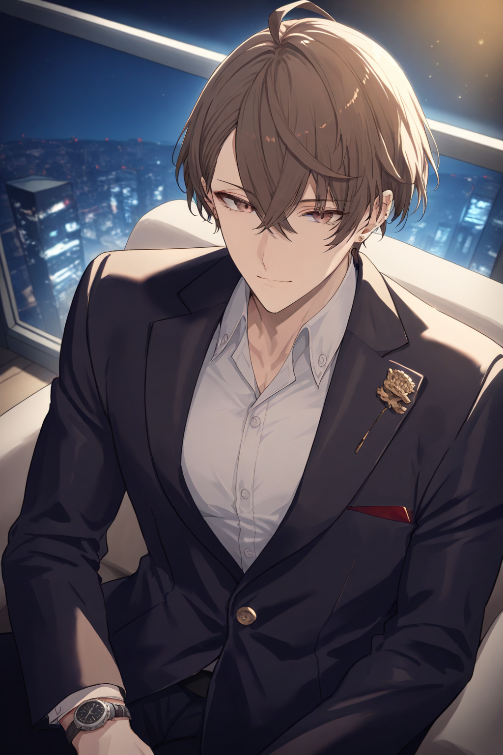 masterpiece, high score, great score, absurdres,
1boy, solo, close-up, from above, upper body,
kagami hayato,
kagami hayato 1st costume,
short hair, brown hair,
hair between eyes, brown eyes,
muscular,
light smile,
ahoge, crossed bangs,
jewelry, ear piercing, stud earrings, 
black jacket, buttons, collared shirt, wing collar, white shirt,
breast pocket, 
lapels, notched lapels, business suit, single wristwatch,
sitting,
(night), blue light, penthouse, 
<lora:kp_KagamiHayatoAnimagineXL_v1:1.0>
