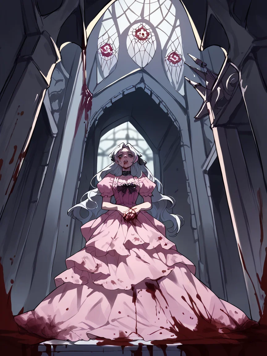 score_9, score_8_up, score_7_up, score_6_up, score_5_up, <lora:lalangheejXLP:1> lalangheej, 1girl, pink dress, long hair, blood, gothic, castle