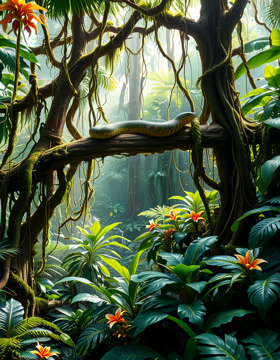 A dense and vibrant jungle,jungl3, captured in a realistic photographic style, with lush green foliage of various tropical plants, tall trees covered in moss and vines, and sunlight filtering softly through the canopy above. The atmosphere feels humid and alive, with small details such as ferns, orchids, and a scattering of tropical flowers in shades of red, yellow, and purple. A narrow, winding dirt path cuts through the undergrowth, partially hidden by fallen leaves and roots. The scene feels immersive and serene, with subtle mist lingering in the distance, enhancing the sense of depth and mystery. The overall lighting is natural, with dappled sunlight creating dynamic shadows on the ground and the surrounding plants.
<lora:jungl3:1><lora:SDXLFaeTastic2400:0.4> <lora:extremely_detailed:0.4> extremely detailed, Masterpiece,best quality,hi res,8k,hi res,8k,award winning,(sharp focus, intricate, highly detailed),
