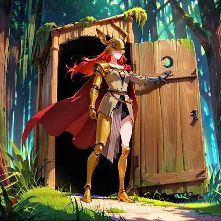 masterpiece, best quality, newest, absurdres, highres, anime, anime style, Shrek's-Outhouse-IL.V1.1, outdoors, moss, plant, nature, forest, Outhouse-open door, opening door, 1girl, malenia blade of miquella, floating hair, red hair, long hair, prosthetic leg, armor, gold armor, winged helmet, armor, red cape, prosthetic arm, single mechanical arm,