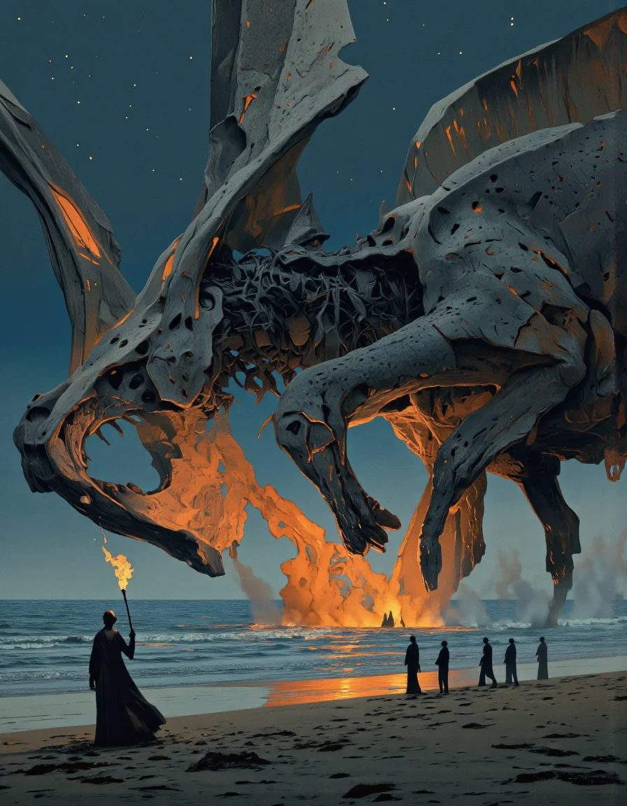 Art par Alexey Egorov. Une illustration numérique dramatique tire d'un angle de caméra loin autour d'un grand squelette de dinosaure squelettique dominant un groupe de figures de silhouet sur une plage sous un ciel nocturne étoilé. La scène se déroule au milieu de l'image, avec la structure squelettique d'une grande créature menaçante en haut, et les silhouettes des figures ci-dessous. Les chiffres se tiennent en ligne, face à l'écart du spectateur, avec leurs ailes réparties, comme si elles étaient sur le point de prendre leur envol. Au premier plan, une seule silhouette angélique se dresse au centre, tenant une torche, jetant une lueur chaude sur les environs. La figure porte une robe longue et fluide et a une expression sérieuse sur leur visage. L'arrière-plan présente une vaste étendue d'eau reflétant le ciel nocturne, avec des étoiles scintillantes au loin. L'atmosphère générale est sombre et de mauvaise humeur, avec un sentiment de mystère et de pressentiment.