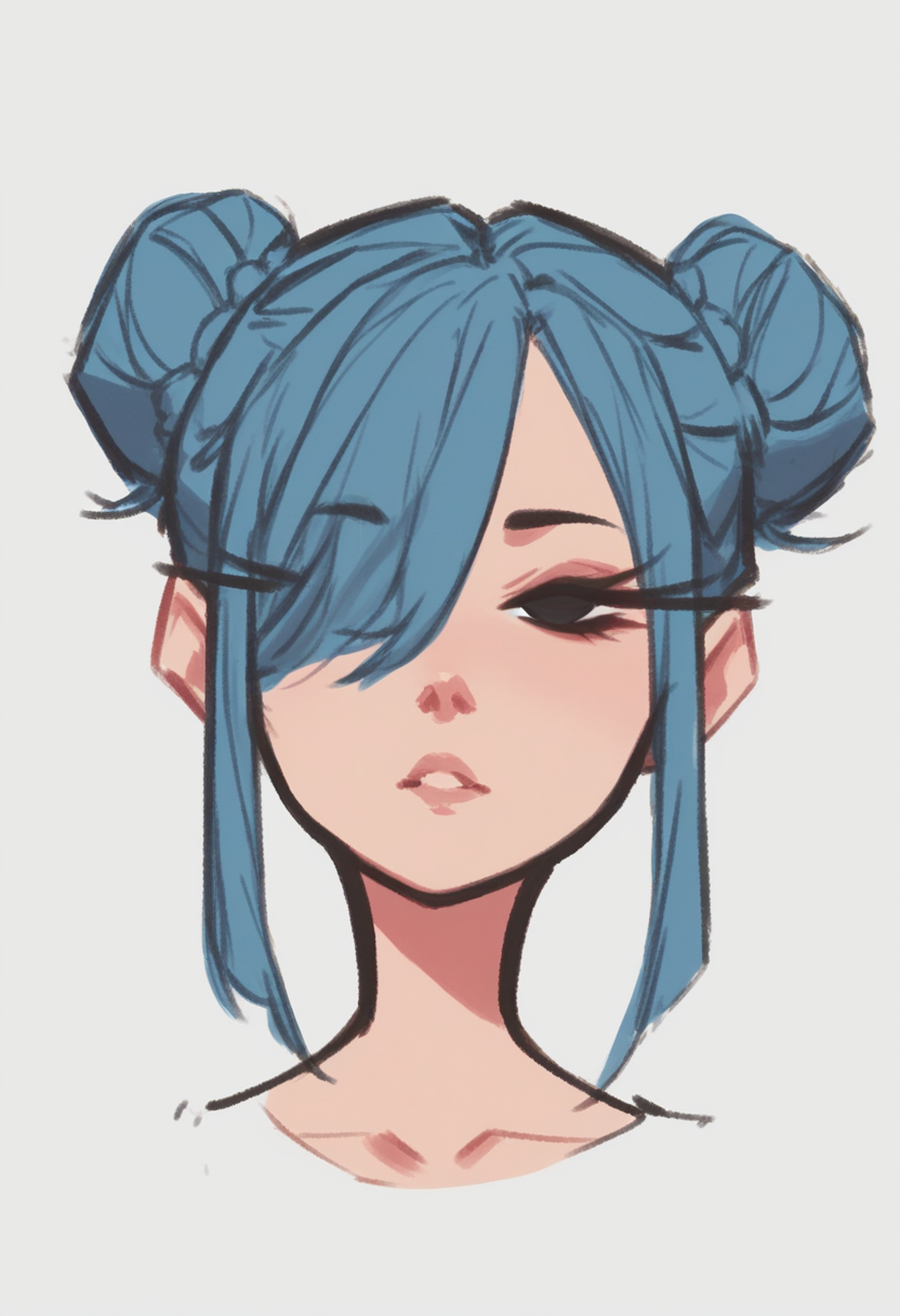 <lora:dijor-v2:1> score_9, score_8_up, score_7_up,  dijor, 1girl, solo, portrait, black eyes, eyelashes, hair covering one eye, twin bun hair, blue hair, sketched