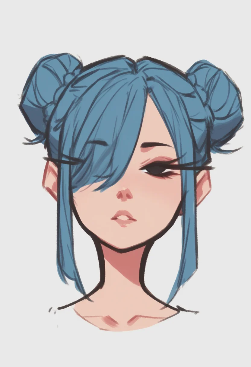 <lora:dijor-v2:1> score_9, score_8_up, score_7_up,  dijor, 1girl, solo, portrait, black eyes, eyelashes, hair covering one eye, twin bun hair, blue hair, sketched