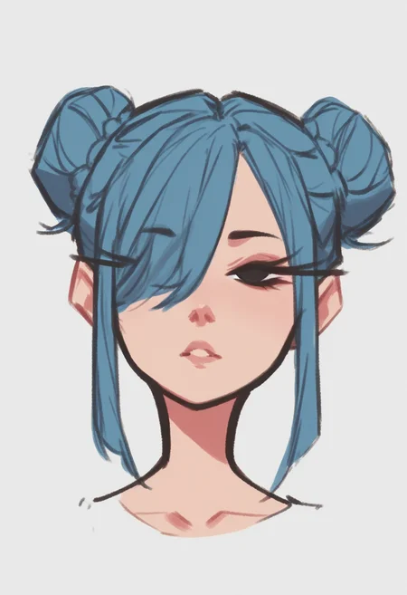 <lora:dijor-v2:1> score_9, score_8_up, score_7_up, dijor, 1girl, solo, portrait, black eyes, eyelashes, hair covering one eye, twin bun hair, blue hair, sketched