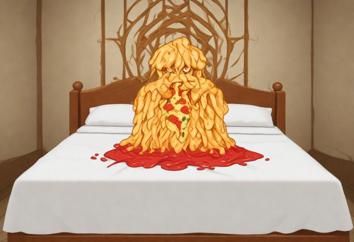 red slime girl ((eating pizza)) pizzasdx, looking at viewer (pizza melting:1.5) medieval bedroom background, masterpiece, full body sitting on bed, white bed, bed, white sheets, window, good light, perfect hands, good hands (hands on pizza)