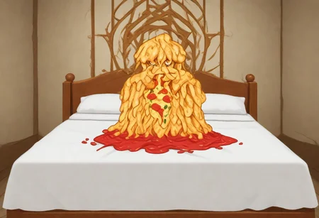 red slime girl ((eating pizza)) pizzasdx, looking at viewer (pizza melting:1.5) medieval bedroom background, masterpiece, full body sitting on bed, white bed, bed, white sheets, window, good light, perfect hands, good hands (hands on pizza)