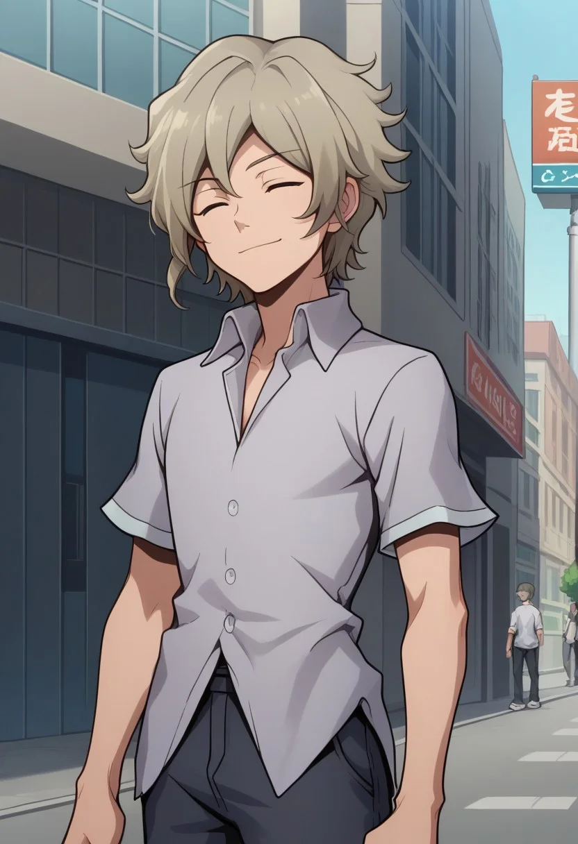 score_9, score_8_up, score_7_up, source_anime, highly detailed,  
yoshiya, solo, 1boy, male focus, grey hair, closed eyes, pants, shirt, upper body, standing, black pants, collared shirt, short sleeves,  smile, head tilted to one side
outdoor, street, buildings, sky,